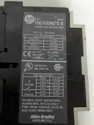 Used ALLEN-BRADLEY 100-A30NZ*3 Miscellaneous Equipment (Electrical & Power) Ohio US | Surplus Asset Holdings #1399515