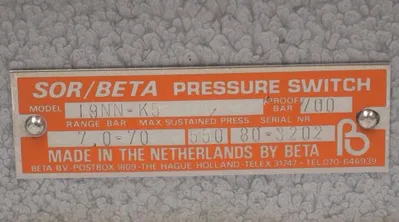 NEW SOR / BETA 19NN-K5 PRESSURE SWITCH 19NNK5