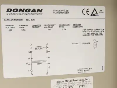 Dongan TDL-170 Transformer Lighting Disconnect 1/2KVA 1PH HV 480V LV 120V