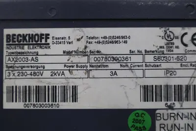 Beckhoff AX2003-AS S60301-520 Digital Compact Servo Drive Amplifier STK K-410-D