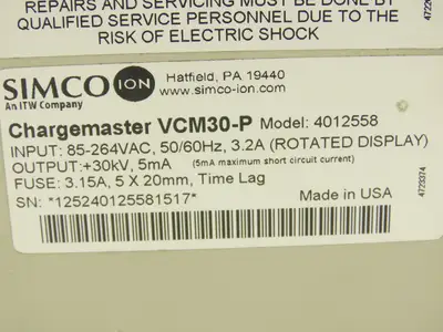 SIMCO ION VCMBP30-P Chargemaster Generator 85-264VAC 3.2A 30kV 5mA Positive