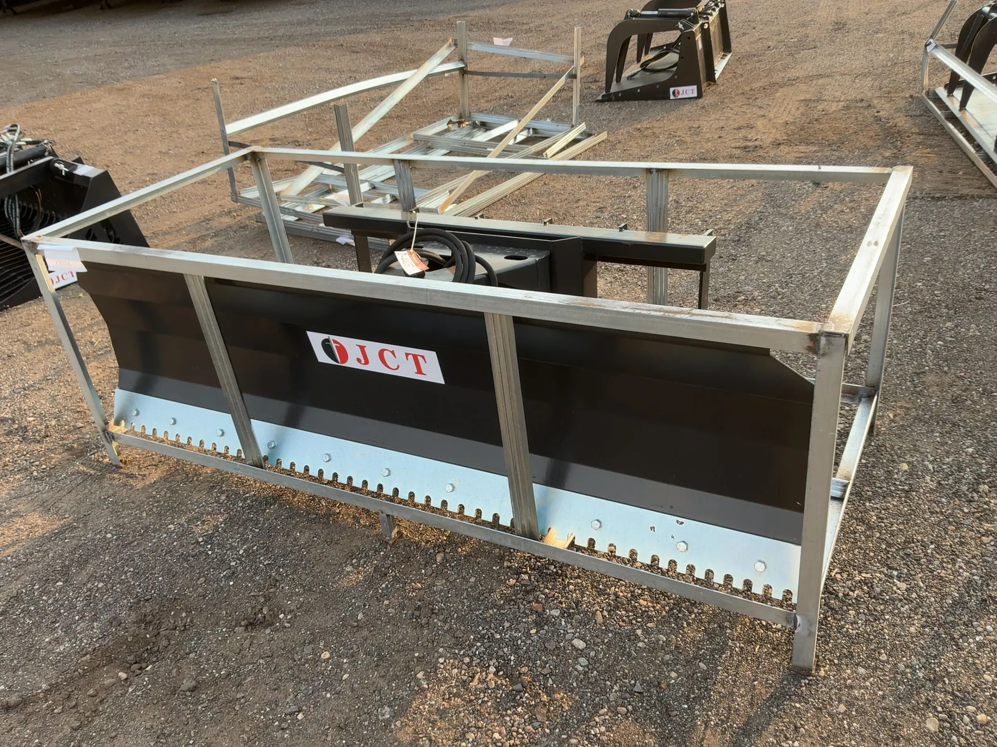 New JCT 84” Plow Blade Skid Steer Attachment, Universal Quick Attach, Hydraulic Angle, Spring Trip, ...