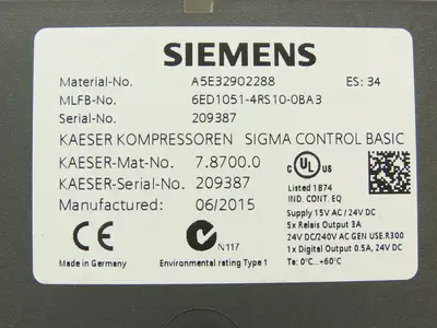 Siemens Kaeser Sigma A5E32902288 Air Compressor Operator Control Panel Off AS25T