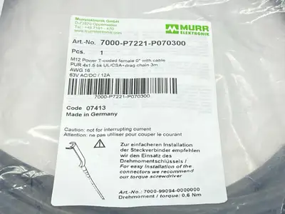 NEW MURR ELEKTRONIK FEMALE M12 POWER CONNECTOR WITH CABLE 3M