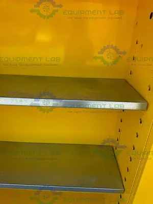 USED JUSTRITE 45 GALLON FLAMMABLE LIQUID STORAGE CABINET W/ SOFT CLOSE DOORS, KEY