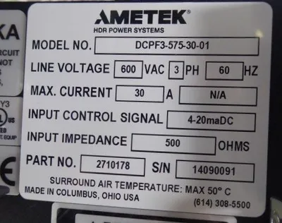 Ametek DCPF3-575-30-01 SCR Power Controller 3 Ph 600VAC 60Hz 2710178 New No Box