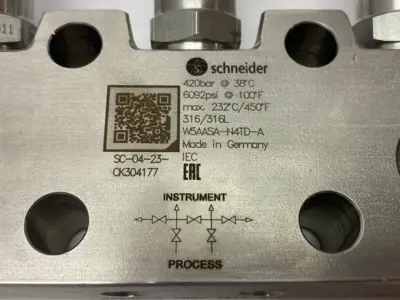USED AS-SCHNEIDER STAINLESS STEEL 5-VALVE MANIFOLD 6092PSI/420BAR