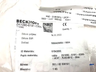 USED BECKHOFF DOUBLE ENDED ETHERCAT POWER CABLE RJ45/M12 30M