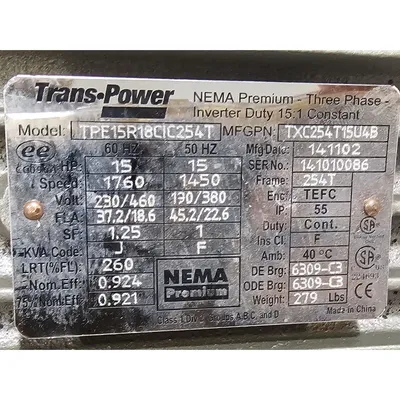 Unused 15HP Trans-Power NEMA Premium AC Motor - 1760RPM, 254T Frame