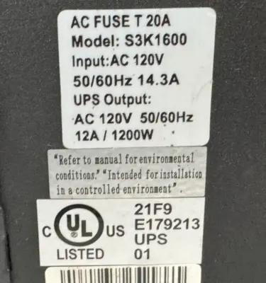 USED EMERSON SOLA S3K1600 UNINTERRUPTIBLE POWER SUPPLY 1600VA 120VAC 50/60HZ