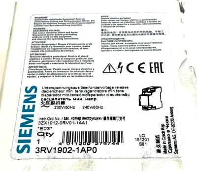NEW SIEMENS 3RV1902-1AP0 UNDER-VOLTAGE RELEASE 3RV19021AP0