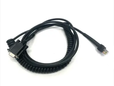 USED DATALOGIC COILED SCANNER SERIAL CABLE RS 9P SOCKET CORD, 3.6M, SH5327