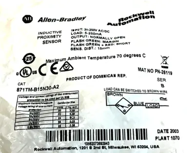 ALLEN BRADLEY 871TM-B15N30-A2 INDUCTIVE PROXIMITY SENSOR 871TMB15N30A2 NEW, SURP