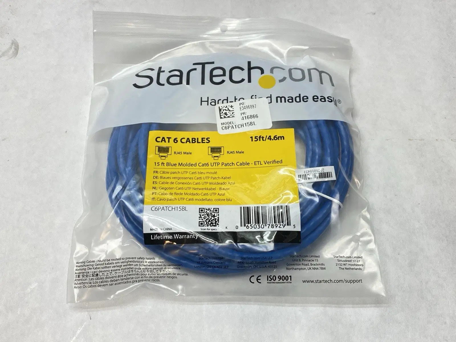 NEW STARTECH 15 FT BLUE MOLDED CAT6 UTP PATCH CABLE ETL VERIFIED