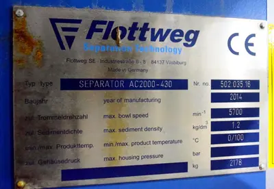Flottweg AC 2000-430 vegetable oil purifier, 316SS.