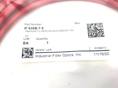 NEW INDUSTRIAL FIBER OPTICS PATCHCORD F/O SERCOS 84C01000S333 7.5M
