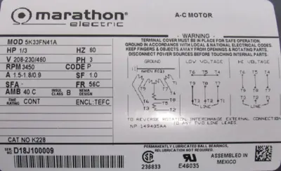 NEW MARATHON 5K33FN41A MOTOR 1/3HP 3450RPM 208-230/460V