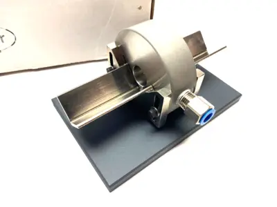 USED MAHR DIMENSIONAIR 2-JET AIR RING GAUGE W/ GUIDE CHUTES & BASE PLATE