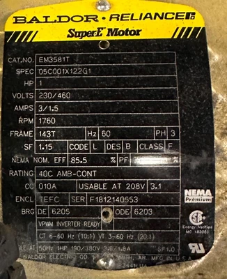 BALDOR 1HP ELECTRIC MOTOR - 143T, 1760