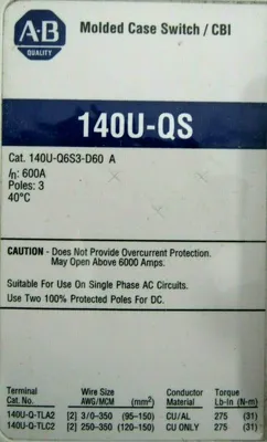 NEW ALLEN BRADLEY 140U-Q6D3-D60 CIRCUIT BREAKER SER.A 600A 140UQ6D3D60