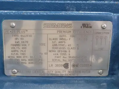60 hp, 460 volts, 1185 rpm, 404T Electric Motor Type RGZZESD