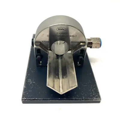 USED MAHR DIMENSIONAIR 2-JET AIR RING GAUGE W/ GUIDE CHUTES & BASE PLATE