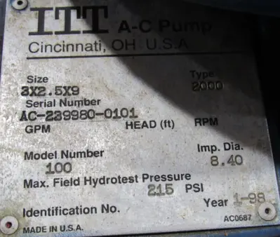 REFURBISHED ITT 100 PUMP 3×2.5×9 A-C TYPE 2000 AC5226