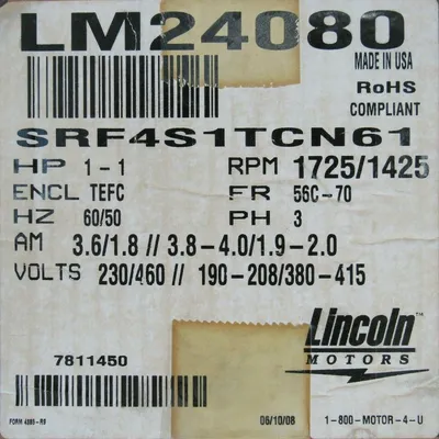 NEW LINCOLN LM24080 MOTOR 1HP 230/460V 1725RPM 5/8" DIA. SRF4S1TCN61