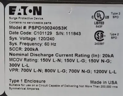 Eaton PSPD100240S3K TVSS surge suppressor 120/240V 60hz (BIN2.4.5)