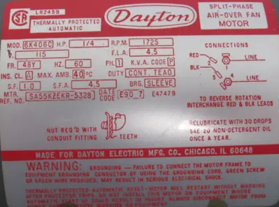 NEW DAYTON 6K406C MOTOR 1/4HP 1725 RPM 115V