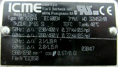 NEW ICME AM71ZBA4 GEARMOTOR 280/480V .5HP 5/8" DIA.
