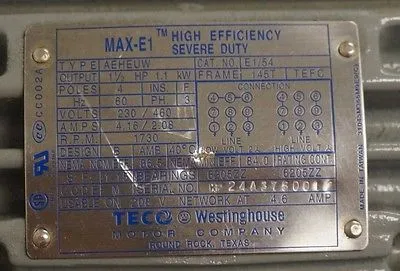 NEW TECO WESTINGHOUSE AEHEUW MOTOR E1/54, 1.5HP