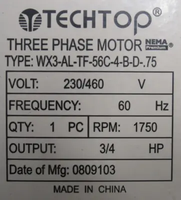 NEW TECHTOP WX3-AL-TF-56C-4-B-D-75 MOTOR 3/4HP 230/460V WX3-ALTF56C4BD75