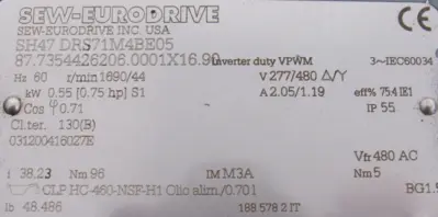 NEW SEW EURODRIVE SH47 DRS71M4BE05 GEARMOTOR 38.23 277/480V SH47DRS71M4BE05