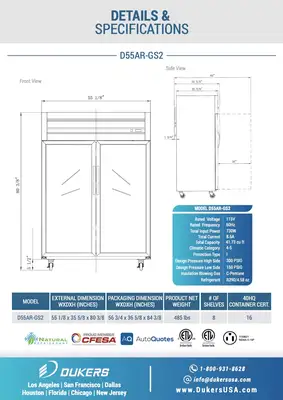 New | in-Stock Dukers New Dukers D55AR-GS2 Top Mount Glass 2-Door Commercial Reach-in Refrigerator Display Refrigerators Illinois US | Falcon Restaurant Supply #1376303