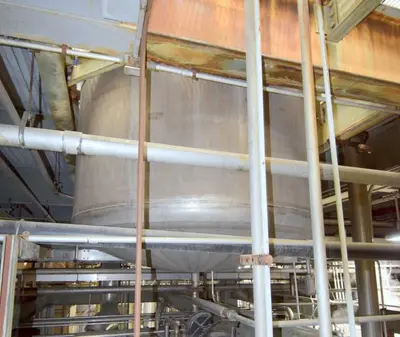 Mason Steel Tank, Approximately 2,500 Gallons, Stainless Steel, Vertical.