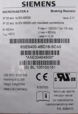 NEW SIEMENS 6SE6400-4BD16-5CA0 BRAKING RESISTOR 6SE64004BD165CA0