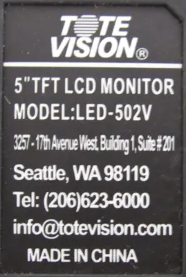 NEW TOTE VISION LED-502V LCD MONITOR 5" TFT LED502V