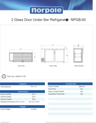 New | in-Stock MCA New Norpole NPGB-60 2 Glass Door Under Bar Refrigerator Back Bar Cooler Merchandiser Bottle Coolers Illinois US | Falcon Restaurant Supply #1376738