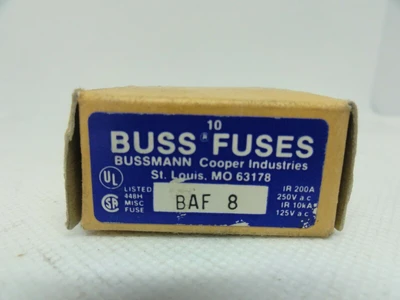 (10) Bussmann BAF-8 Midget Fuses, 8 Amp, 250V *NEW BOX OF 10*