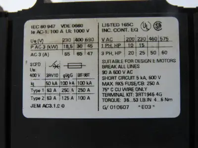 Siemens 3RT1044-3BB40 3P 65A Power Contactor W/3RH1921-2FA22 Coil 24V