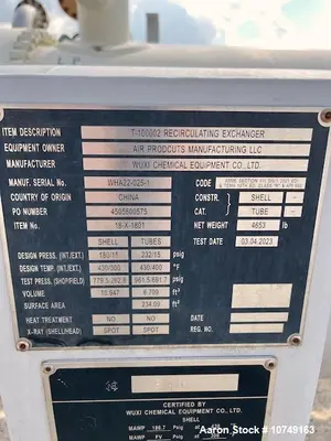 Used 234 Sq Ft Heat Exchanger, Duplex 2205 Tubes, 316L Stainless Shell, 130 Tube Holes