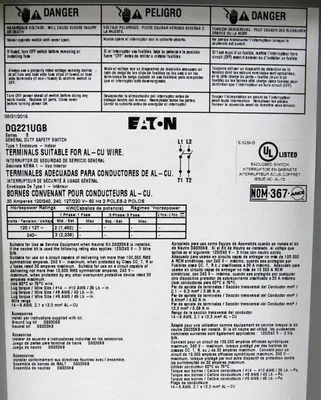 NEW EATON DG221UGB SAFETY SWITCH 30A TYPE 1 2 POLE
