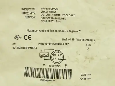 Allen Bradley 871TM-DH8CP18-N4 Proximity Sensor Inductive 10-30vdc 200mA 18mm OD