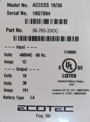 NEW ECOTEC ACCESS 10/36 BATTERY CHARGER 191 AMP 36V 36-765-330C