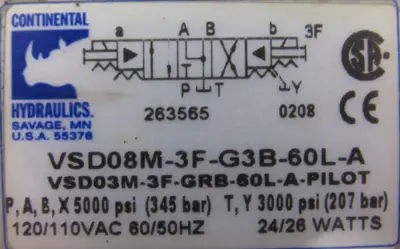 NEW CONTINENTAL HYDRAULICS VSD08M-3F-G3B-60L-A VALVE VSD03M-3F-GRB-60L-A-PILOT