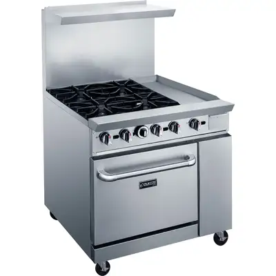 New | in-Stock Dukers New Dukers DCR36-4B12GM 36" Gas Range with Four (4) Open Burners & 12" Flat Top Griddle Commercial Ranges Illinois US | Falcon Restaurant Supply #1376280
