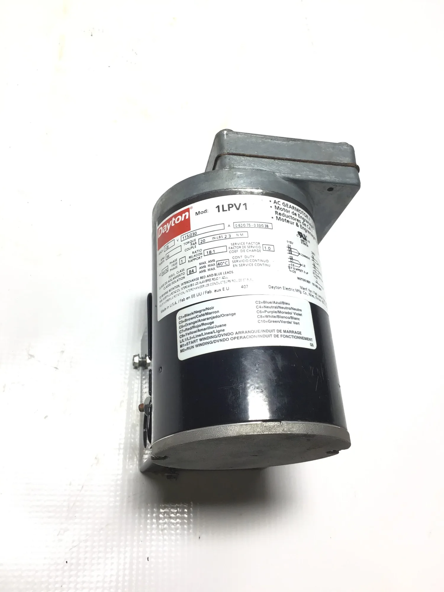 Dayton 1LPV1 AC Gearmotor 18:1 Ratio 1 PH