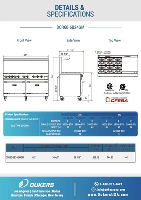 New | in-Stock Dukers New Dukers DCR60-6B24GM 60" Gas Range with Six (6) Open Burners & 24" Flat Top Griddle Commercial Ranges Illinois US | Falcon Restaurant Supply #1376298