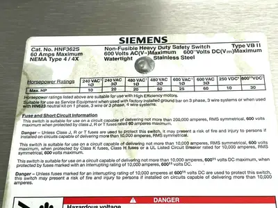 HNF362S | Siemens  Fusible Disconnect Switch 600V 3W 3P 60A - Used